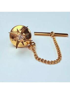 Estate 14k Solid Yellow Gold .030 CT Diamond Tie Lapel Pin VTG Starburst MCM